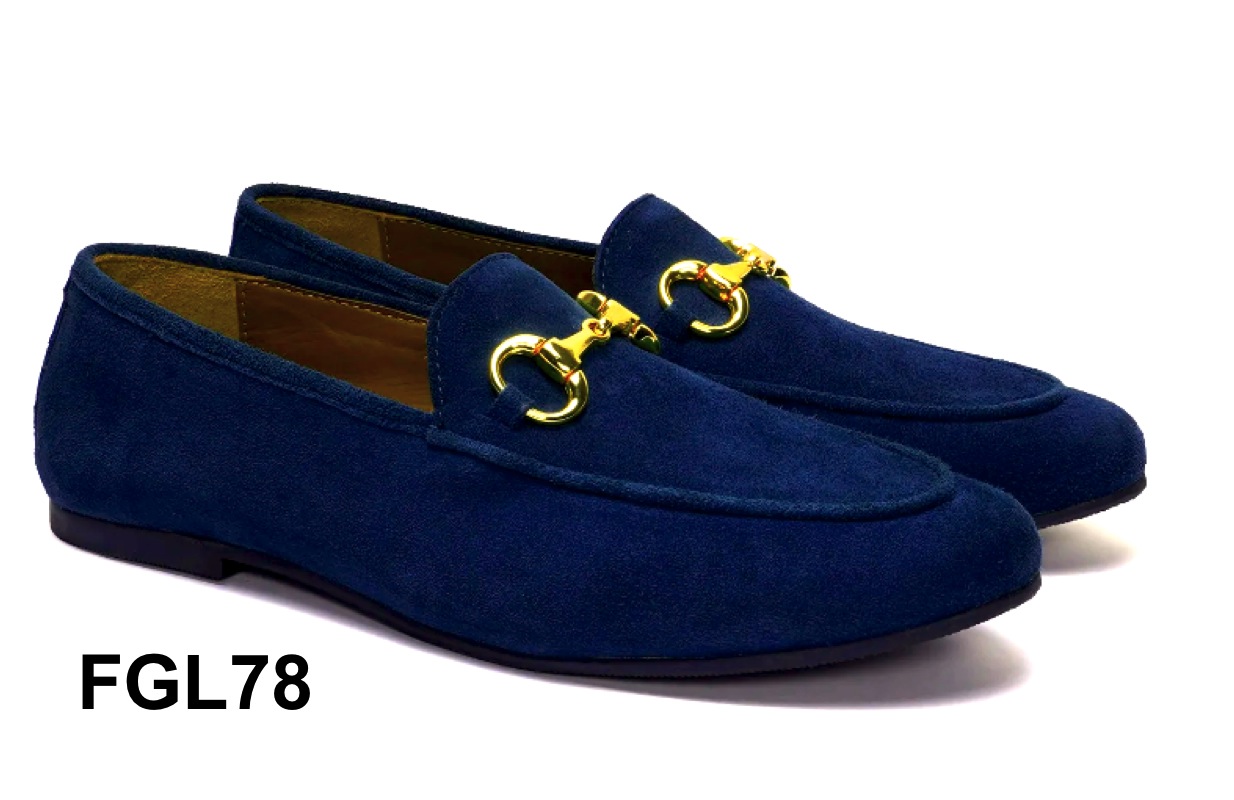 Blaue Veloursleder Damen-Loafer mit goldenem Pferdebit